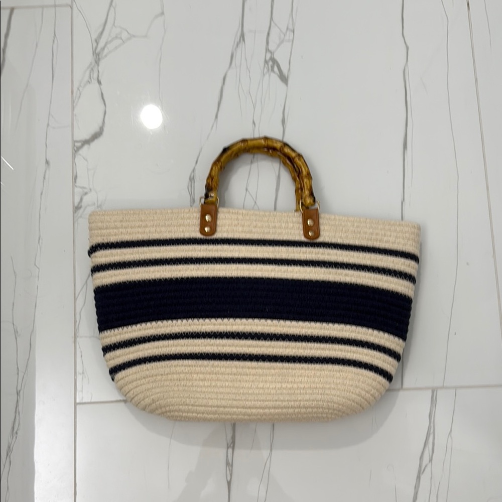 Cream and Black Striped Tote with Bamboo Handle